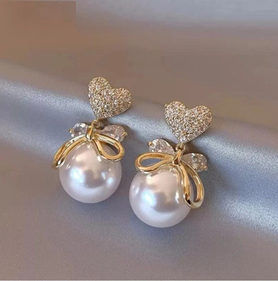 JRISSY Korean Earrings For Women & Girls /Heart Shape Pearl Stud Earring Cubic Zirconia Alloy Earring Set, Stud Earring