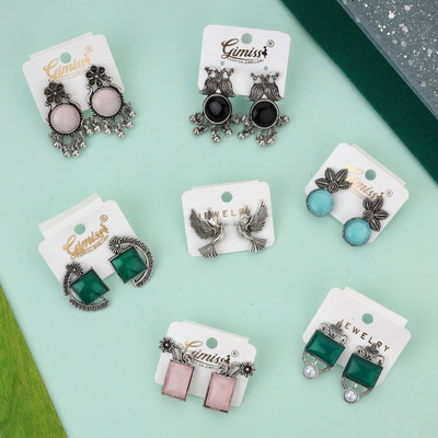 Gimiss Elegant GemStone Pearl Stud Combo Set for Women and Girls – Multicolor Oxidised Alloy Earring Set, Hoop Earring, Jhumki Earring, Cuff Earring, Tassel Earring