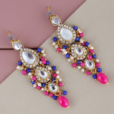 Lucky Jewellery Traditional Gold Plated Kundan Stone Magenta Blue Earrings for Girls & Women Beads Alloy Drops & Danglers