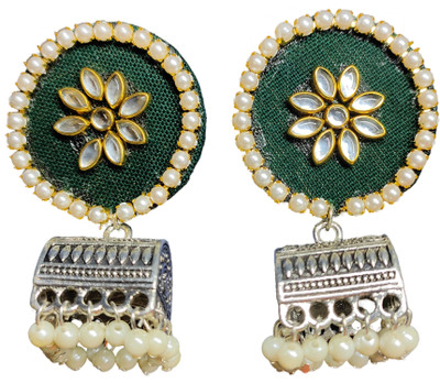 DIMAKSHI HANDMADE Handmade fabric round jumkha earrings with kundan and white pearl Fabric Jhumki Earring