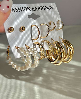 JDENTERPRISES Combo of 6 Pair Golden Stud And Chain Pearl Triple Hoop Earrings For Women/Girls Pearl Alloy Stud Earring