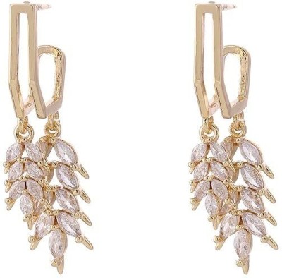 TEULRIP Korean Earrings Golden Leaf Shape Crystal Alloy Drops & Danglers