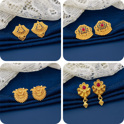 LaChoiceIt Pack of 4 Pair Traditional Gold Pleted Earring Collection Brass Earring Set