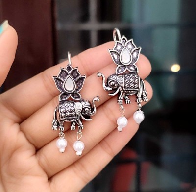 SHYAM Trendy Oxidised Ethnic Elephant Drop Earrings For Girls Or Women Pearl Alloy Drops & Danglers