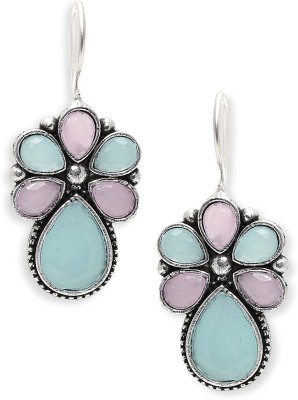 Oomph Pink & Mint Green Silver Oxidised Ethnic Drop Earrings Beads, Crystal Alloy Drops & Danglers