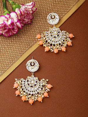 YELLOW CHIMES Traditional Kundans Chandbali Gold Plated Pink Beads Drop Chand Baliyan Crystal Metal Drops & Danglers