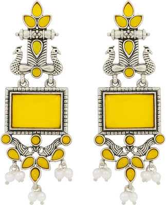 PAYORI BY AKRATI Oxidised German Silver Peacock Earrings with Yellow Stones & Pearl Beads Alloy Drops & Danglers