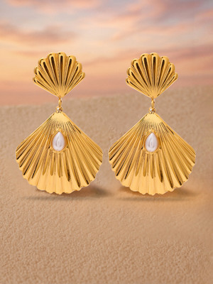 Rubans Voguish Voguish 18K Gold-Plated Stainless Steel Shell Drop Earrings with Pearl Stainless Steel Drops & Danglers