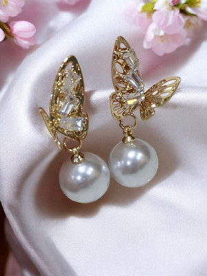 Fab Every Way Korean Golden Butterfly Pearl Drop Earrings for Women Cubic Zirconia, Pearl Alloy Drops & Danglers