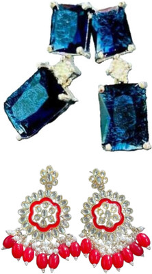 Hernger traders AD_Rectangle_Blue_05 & Meenakari_Flower_Red_03 Cubic Zirconia Alloy Earring Set