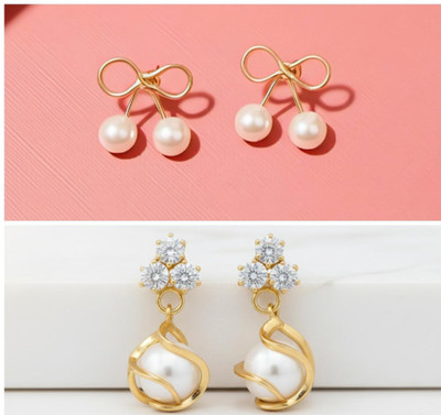 Sabita fashion Pack of 2 Trendy western korean zircon bow pearl stud earrings 4women/girl. Alloy Stud Earring, Drops & Danglers