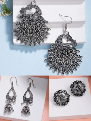 ANOUK Women Traditional Pair of 3 German Silver Jhumki Earring