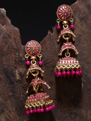 Anika's Creation Gold Plated & Pink Enamelled Dome Shaped Jhumkas_ANIK Pearl Brass Jhumki Earring