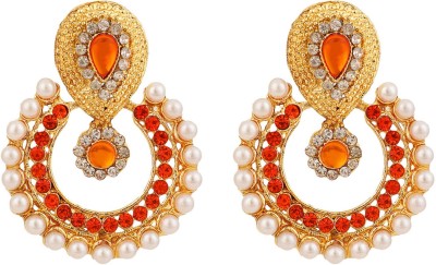 BHANA STYLE Stone Pearl Studded Orange Geometric Chandbali Earring_BS Pearl Brass Chandbali Earring