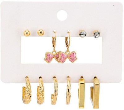 HOUSEOFTRENDZZ Geometric Fashion Round Hoop Pink Crystal Butterfly Drop Earrings Set Zircon Acrylic, Alloy Drops & Danglers, Hoop Earring, Stud Earring