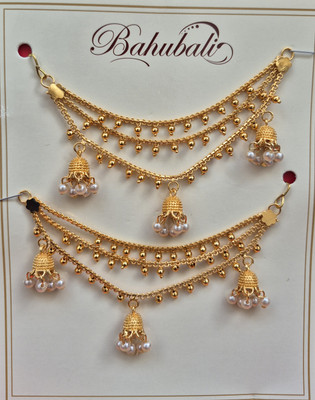 ESSPY Traditional Gold Plated Bhahubali Kansar, 3 layer earrings Chain Pearl Brass Earring Set