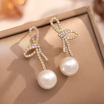 MAHADEV CREATION Korean Bow Pearl Earrings Crystal Alloy Stud Earring