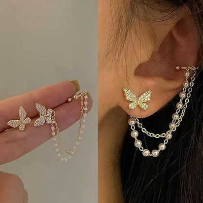 Vembley Fashion Butterfly pearl ear clip earrings all-in-one super fairy earrings Stainless Steel Stud Earring