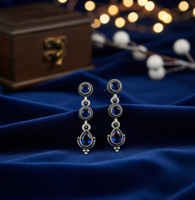 S D Creations Oxidised Silver WIth Blue Crystal, Antique Silver Finish, Triple Tier Design Brass Drops & Danglers