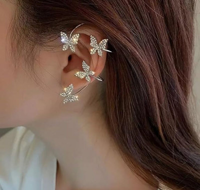 TheVineGirl Trendy Stylish Korean Butterfly Ear Crawler Earrings For Women 2Pcs/Set Cubic Zirconia Alloy Cuff Earring