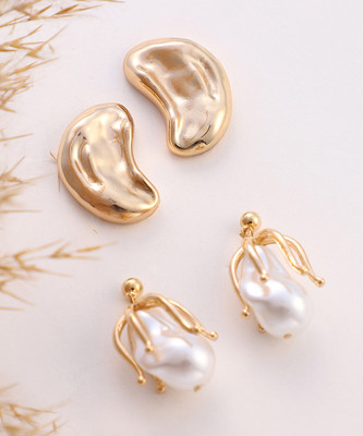 SOHI Set Of 2 Dented-Bud Stud Earrings - California Gold Alloy Earring Set