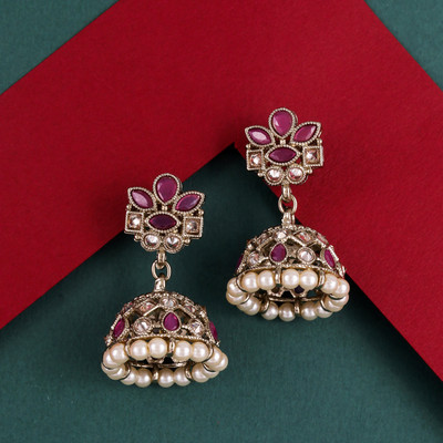 Saloni Fashion Jewellery Flower Design Pink Kundan Stone Antique Gold Plated Jhumki Earring For Women Cubic Zirconia Alloy Jhumki Earring