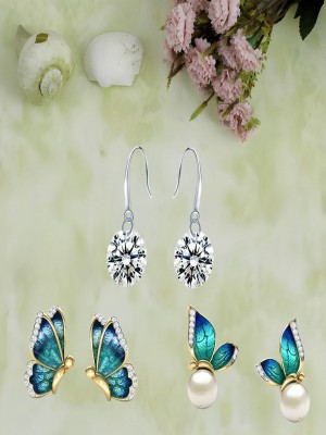Jewelgenics Pack Of 3 Stud & Drop Butterfly Combo Earrings Crystal, Pearl Alloy Drops & Danglers