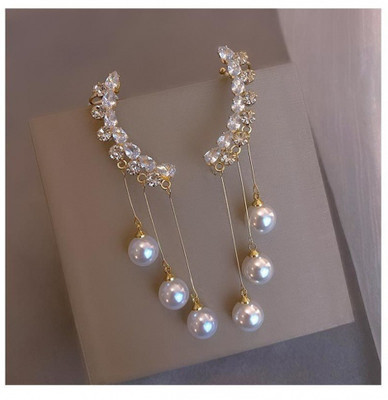 AVIRA ENTERPRISES Korean Gold-plated Zircon Studded Ear Cuff With Pearl Tassel Long Earrings Alloy Cuff Earring