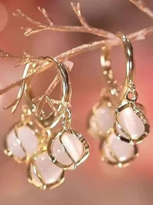 PRIDE STORE Gold Hoop Earrings with Opal Bead Charms – Elegant Dangle Huggies Pearl Alloy Huggie Earring