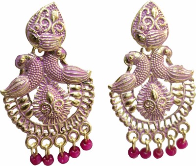 JJS FASHION Gold Plated Metal Dangle Earrings for Women, Indian Style Drop Earrings,Pink Pearl Alloy Earring Set