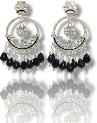 Zyra Jewelz Silver Plated Hoop Jhumka Earrings Black Stone Beads Jewelry for Women and Girls Alloy Drops & Danglers