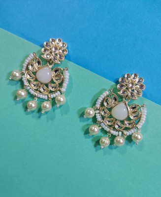 R A Enterprises Gold Plated White Pearl, Crystal Alloy Jhumki Earring