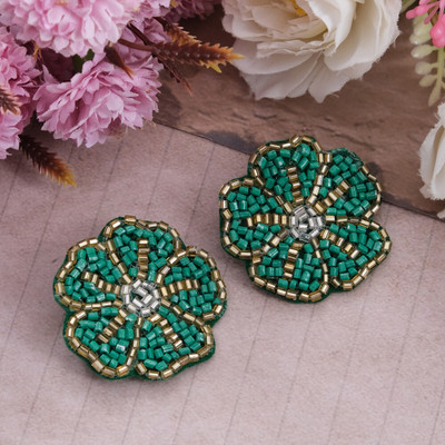 Vientiq Handmade Green Floral-Beaded Stud Earrings For Women/Girl's Beads Alloy Stud Earring