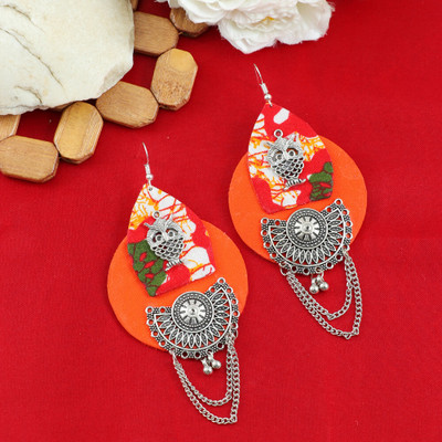 Vientiq Orange OwL Fabric And Wooden Silver-Plated Handcrafted Earrings Stainless Steel Drops & Danglers