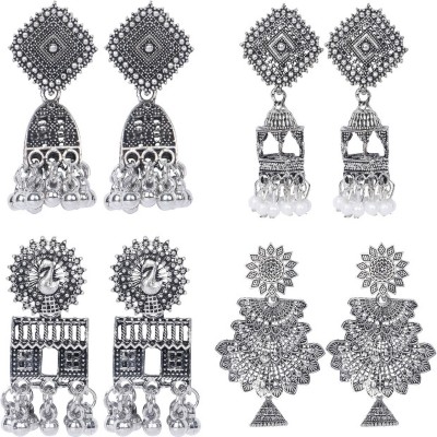 Suprize Me Oxidised earrings jhumki silver combo party stylish simple small jhumka 4 set Beads, Zircon, Pearl Alloy, Copper, Zinc, Metal Jhumki Earring, Chandbali Earring, Drops & Danglers