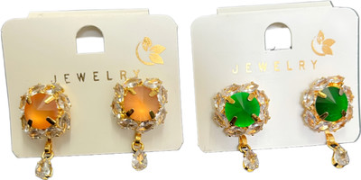 Ratnalok Multi-Color Crystal Stud Earrings with Gold-Plated Frame 2 PAIR COMBO Crystal Alloy Stud Earring