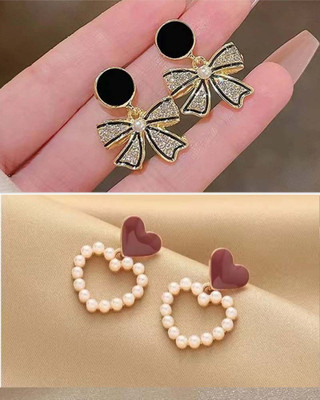 RV YUWON Combo of 2 white pearl red heart and black bow drop earring Cubic Zirconia, Pearl, Zircon, White Zircon Alloy Stud Earring