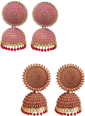 JMBW INTERNATIONAL Pack of 2 Trendy Red and Pink Pearls Drop Dome Shape Jhumki Earrings Alloy Jhumki Earring