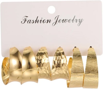 Oomph Combo of 3 Chunky Retro Textured Gold Tone Party-Wear Hoop Earrings Beads, Crystal Alloy Hoop Earring