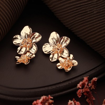 ReverDe ReverDe Flower Blossom Golden Polished Fancy Statement Earrings Pearl, Crystal, Cubic Zirconia, Diamond Alloy Earring Set