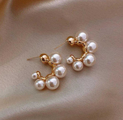 shrijaenterprises C-Shaped Pearl Hoop Earrings for Women Enamel Hoop Earring