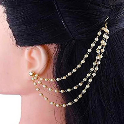 Krishaa Enterprises Ethnic Kaan Chain White Pearl 3 line Earchain Long Earring Support Chain Brass Earring Set