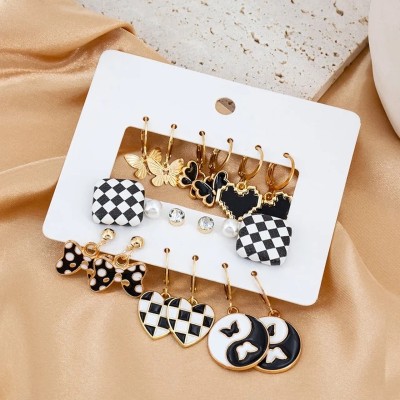 vien Stylish Black And White Chessboard Design Butterfly Heart Drop Earrings Set Stainless Steel, Acrylic Drops & Danglers, Hoop Earring