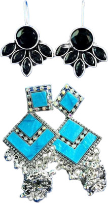 Hernger traders Half_Flower_Black_06 & K3_Aqua_06 Cubic Zirconia Alloy Earring Set