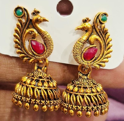 SAKETHAM Golden Radha Krishna Peacock Alloy Jhumki Earring