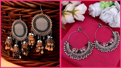 HnK CREATIONS Combo of 2 silver oxidized Mirror & Peacock jhumkaa earrings for women & girls Agate German Silver, Alloy Chandbali Earring, Drops & Danglers, Earring Set, Jhumki Earring