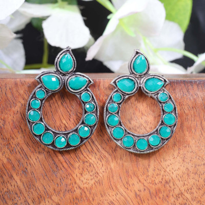 StylishKudi Green Stone Studded Circular Stud Earrings Brass Earring Set