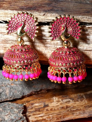 Anika's Creation Pink & Gold-Plated Enamelled Dome Shaped Jhumkas_ANIK Pearl Brass Jhumki Earring