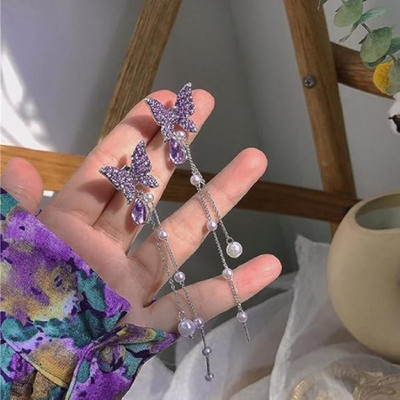 Vembley New Charming Purple Colour Butter fly Design Korean Earring For Women And Girls Cubic Zirconia Alloy Drops & Danglers