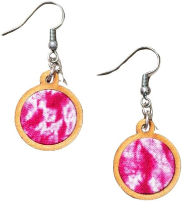 Whe PinkTie and Dye Repurposed Wood and Fabric Danglers Wood Ear Thread
